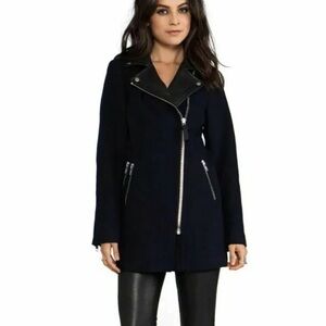 Mackage Montreal Phyllis Navy Blue Wool Coat with Leather Collar Size S